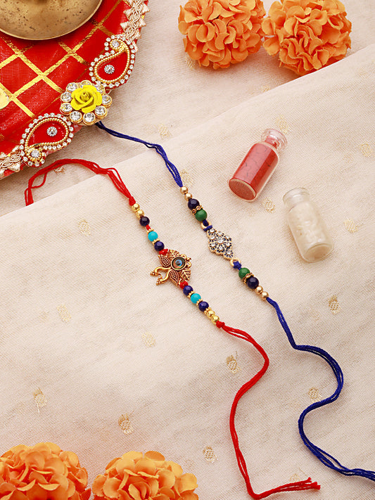 Set Of 2 Vibrant Evil Eye Peacock & Floral Shaped Rakhi With Roli & Chawal