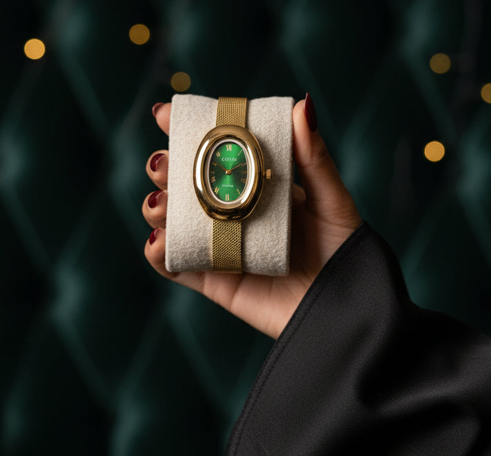 Jazz And Sizzle Vintage Emerald Green Oval Dial Anti-Tarnish Gold Plated Watch|Quartz Movement, Waterproof, Luxury Metal Bezel
