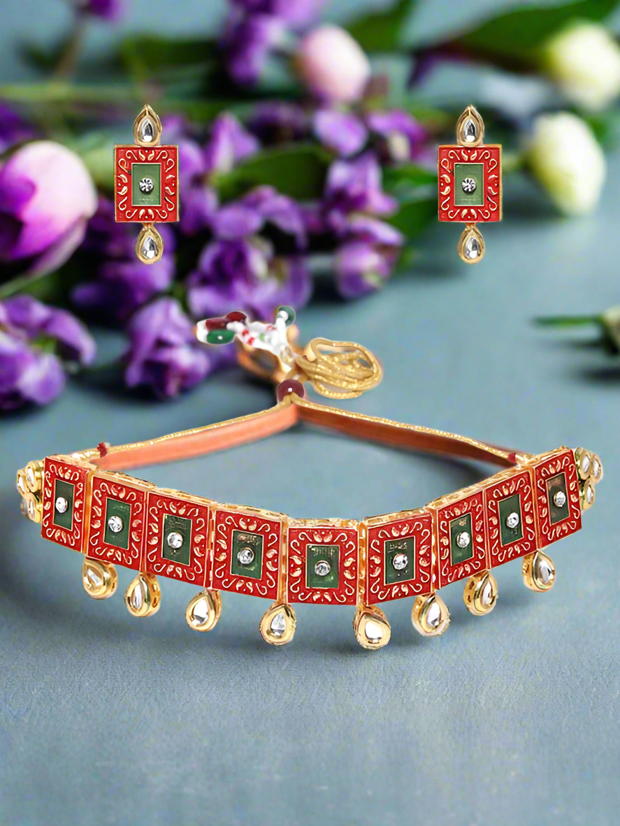 Gold-Plated Kundan-Studded & Beaded Meenakari Jewellery Set