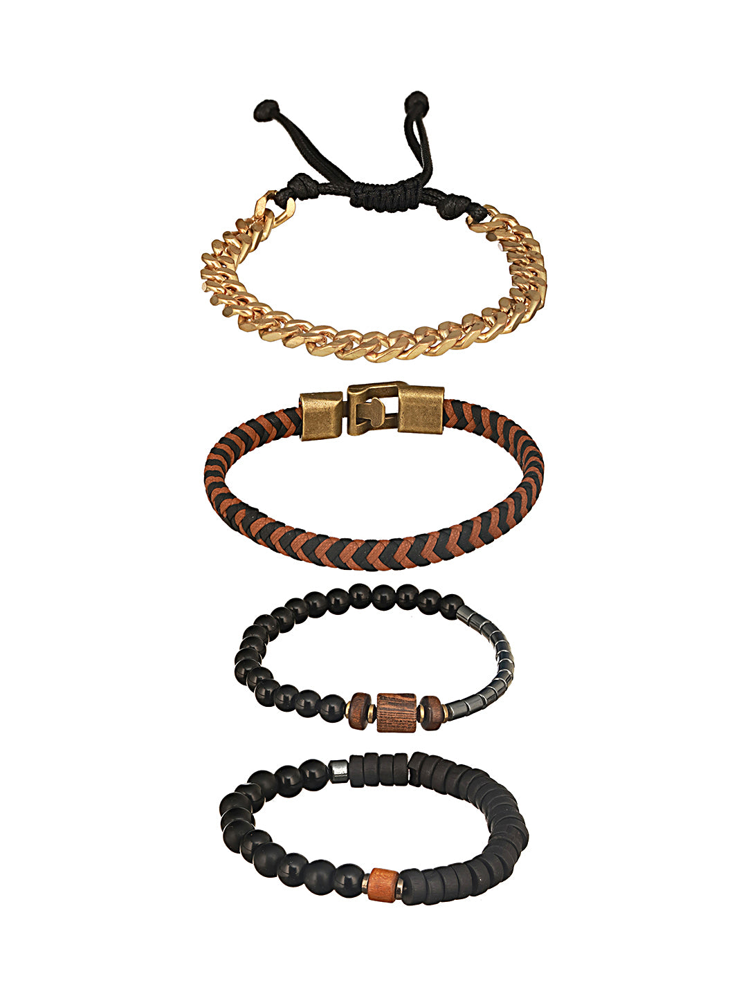 Jazz And Sizzle Men Set of 4 Black Beaded Elasticated & Brown Leather Bracelet with Chain Bracelet