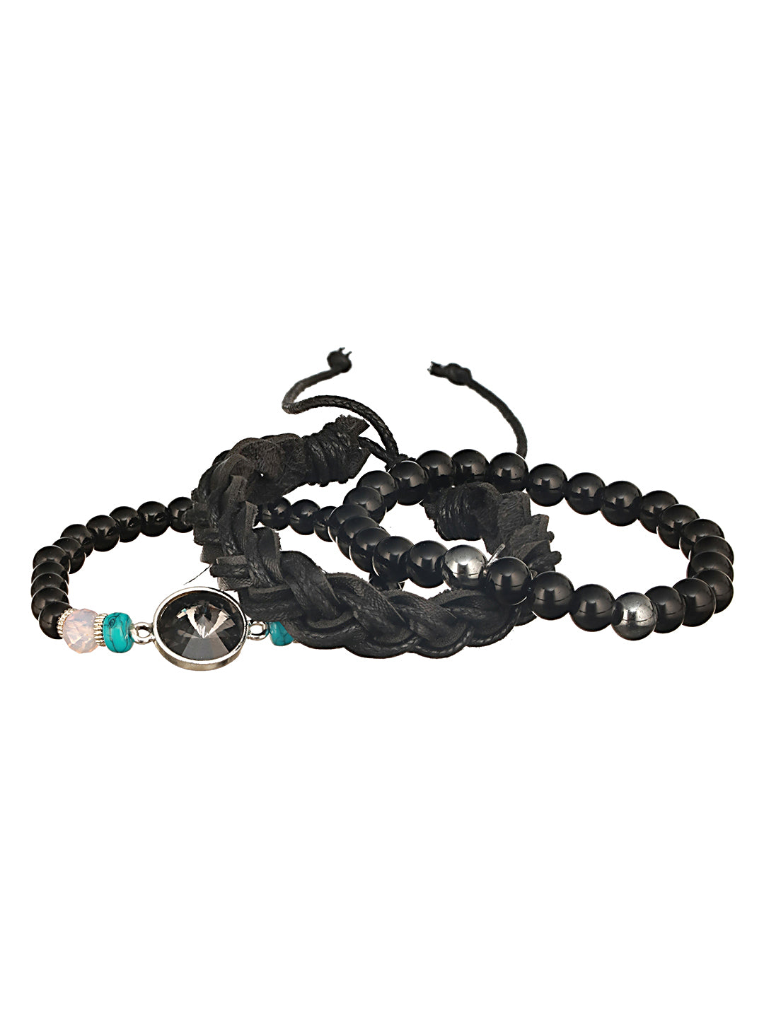 Jazz And Sizzle Men Set of 3 Black Beaded & Crystal Studded Elasticated Wraparound Bracelet