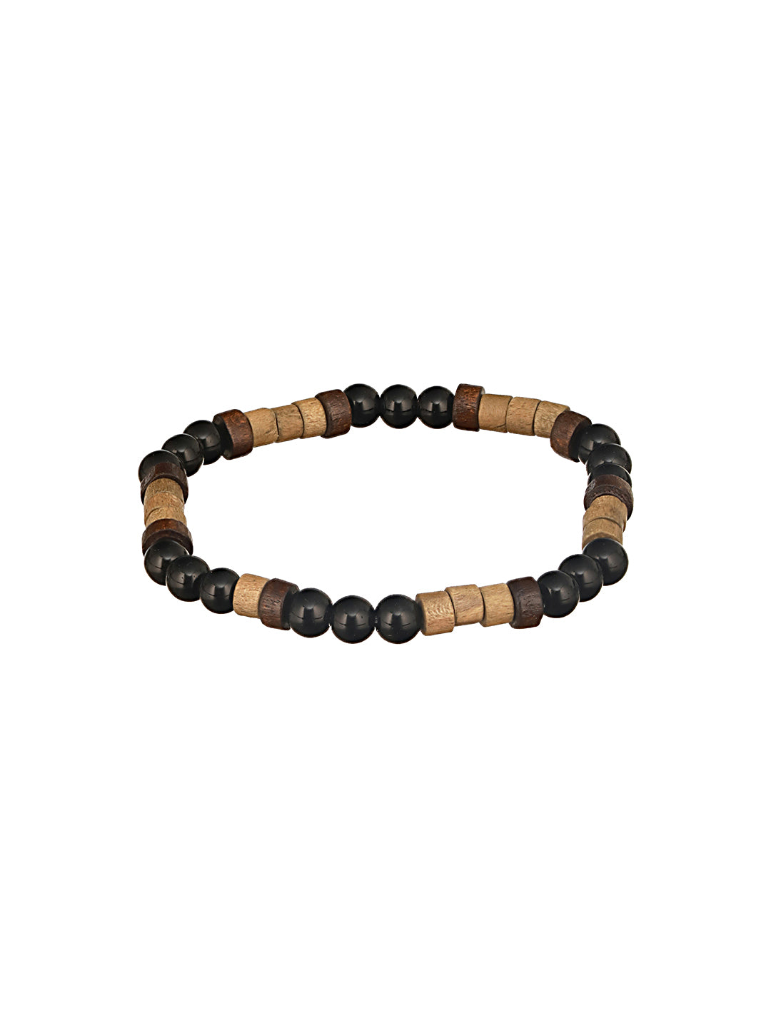 Jazz And Sizzle Men Set of 3 Brown Beaded Elasticated & Black Leather Wraparound Bracelet