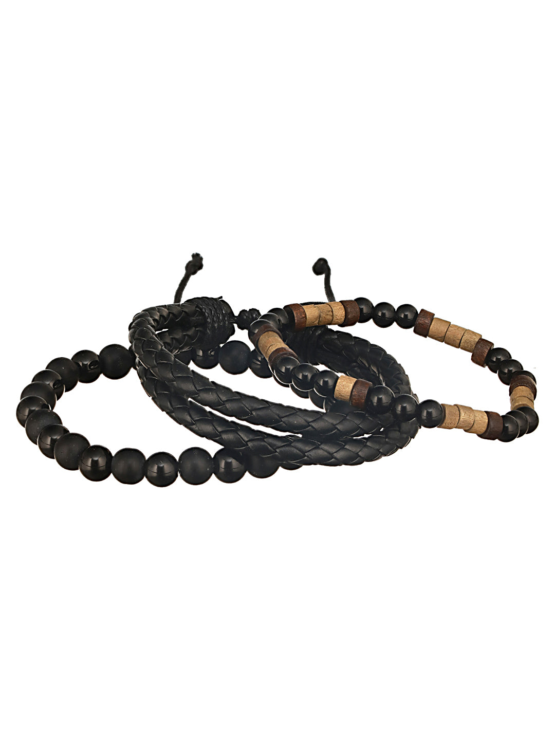 Jazz And Sizzle Men Set of 3 Brown Beaded Elasticated & Black Leather Wraparound Bracelet