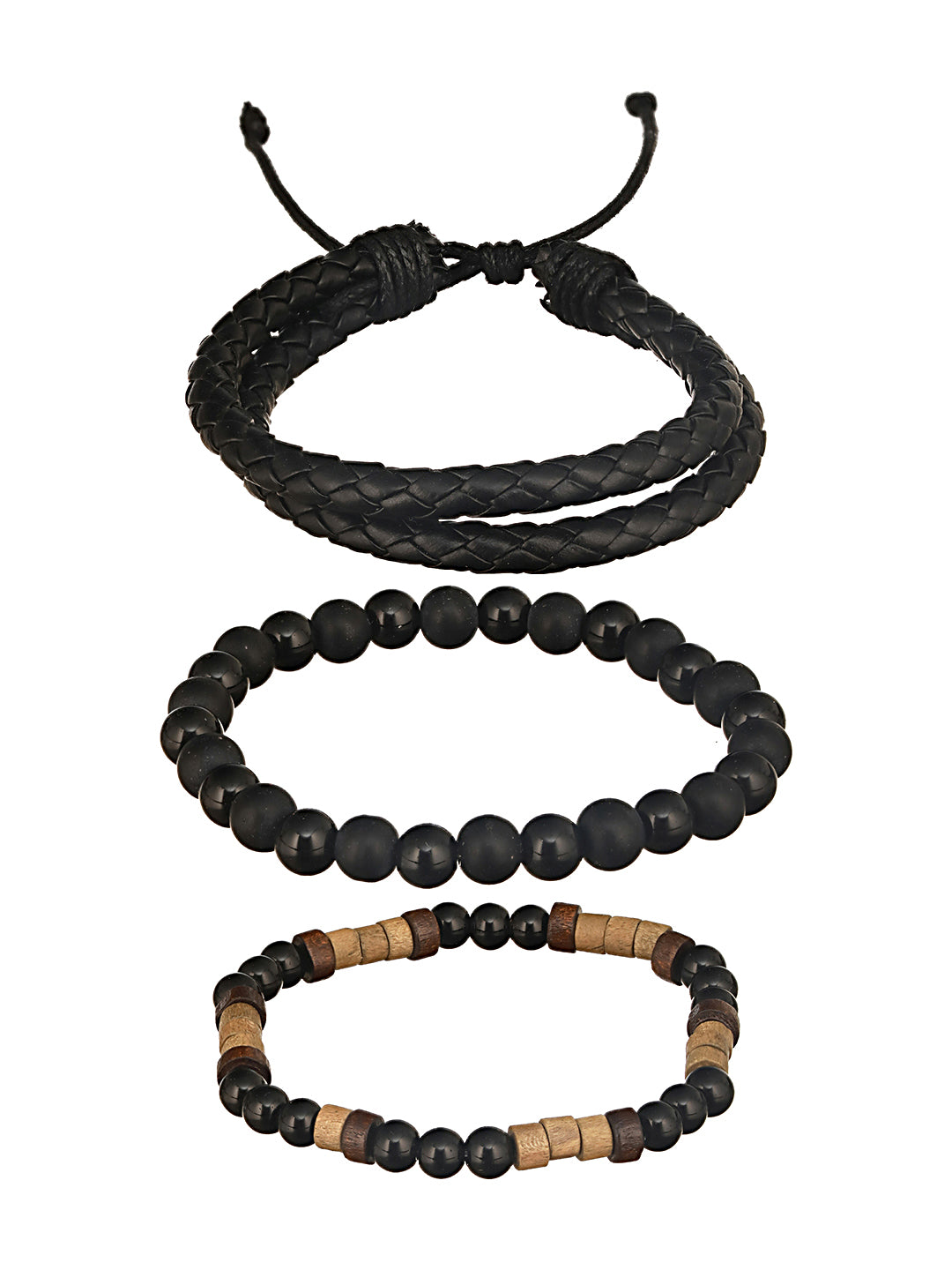 Jazz And Sizzle Men Set of 3 Brown Beaded Elasticated & Black Leather Wraparound Bracelet