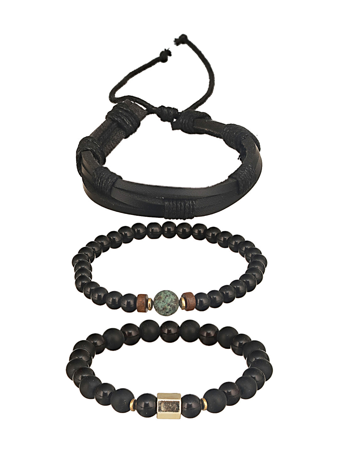 Jazz And Sizzle Men Set of 3 Black Beaded Elasticated & Leather Wraparound Bracelet