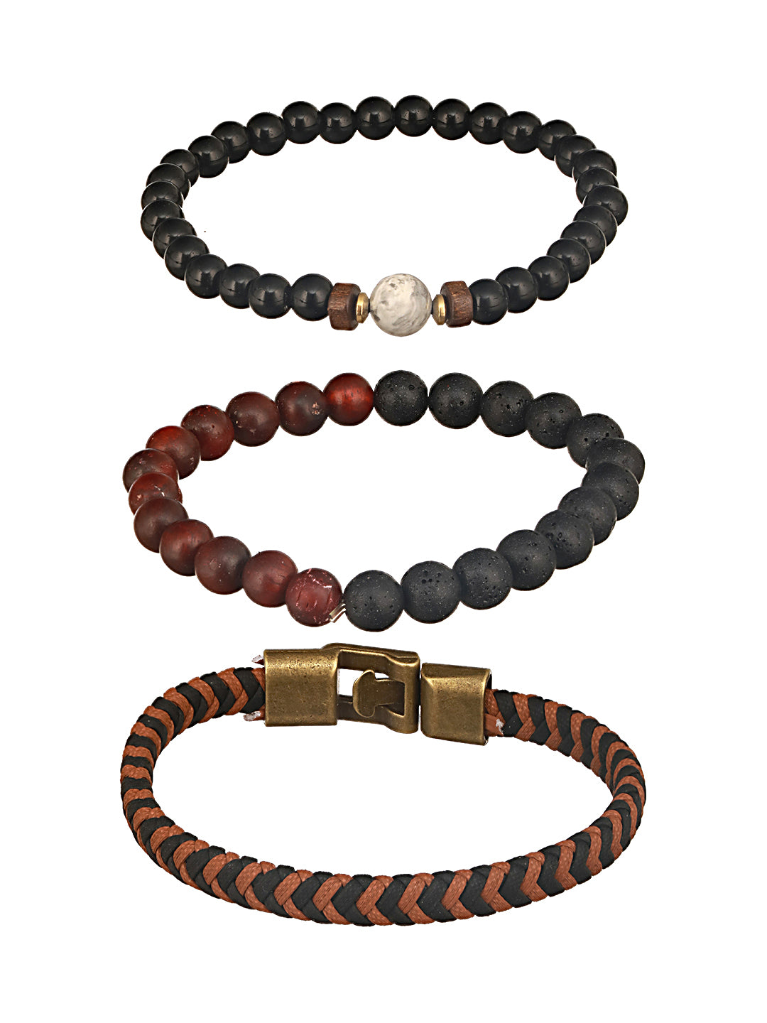 Jazz And Sizzle Men Set of 3 Brown & Black Beads Elasticated & Handcrafted Bracelet