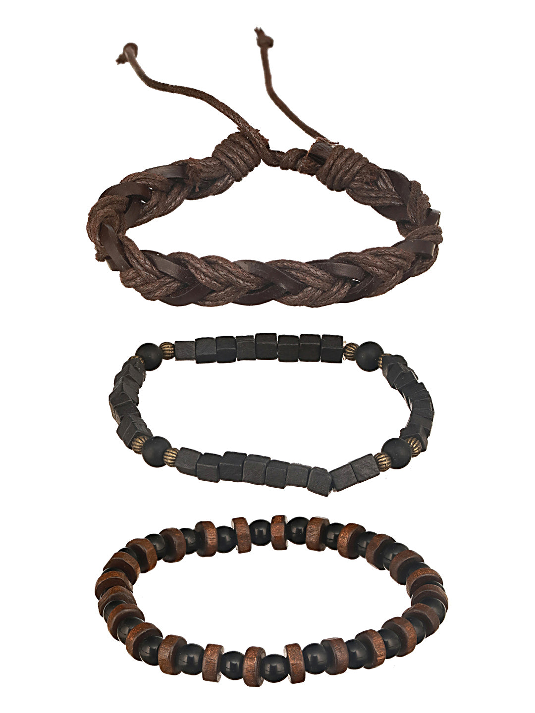 Jazz And Sizzle Men Set of 3 Brown Beaded Elasticated & Leather Wraparound Bracelet