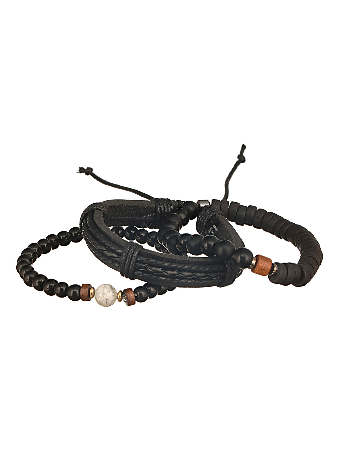 Jazz And Sizzle Men Set of 3 Black Beaded Elasticated & Leather Wraparound Bracelet