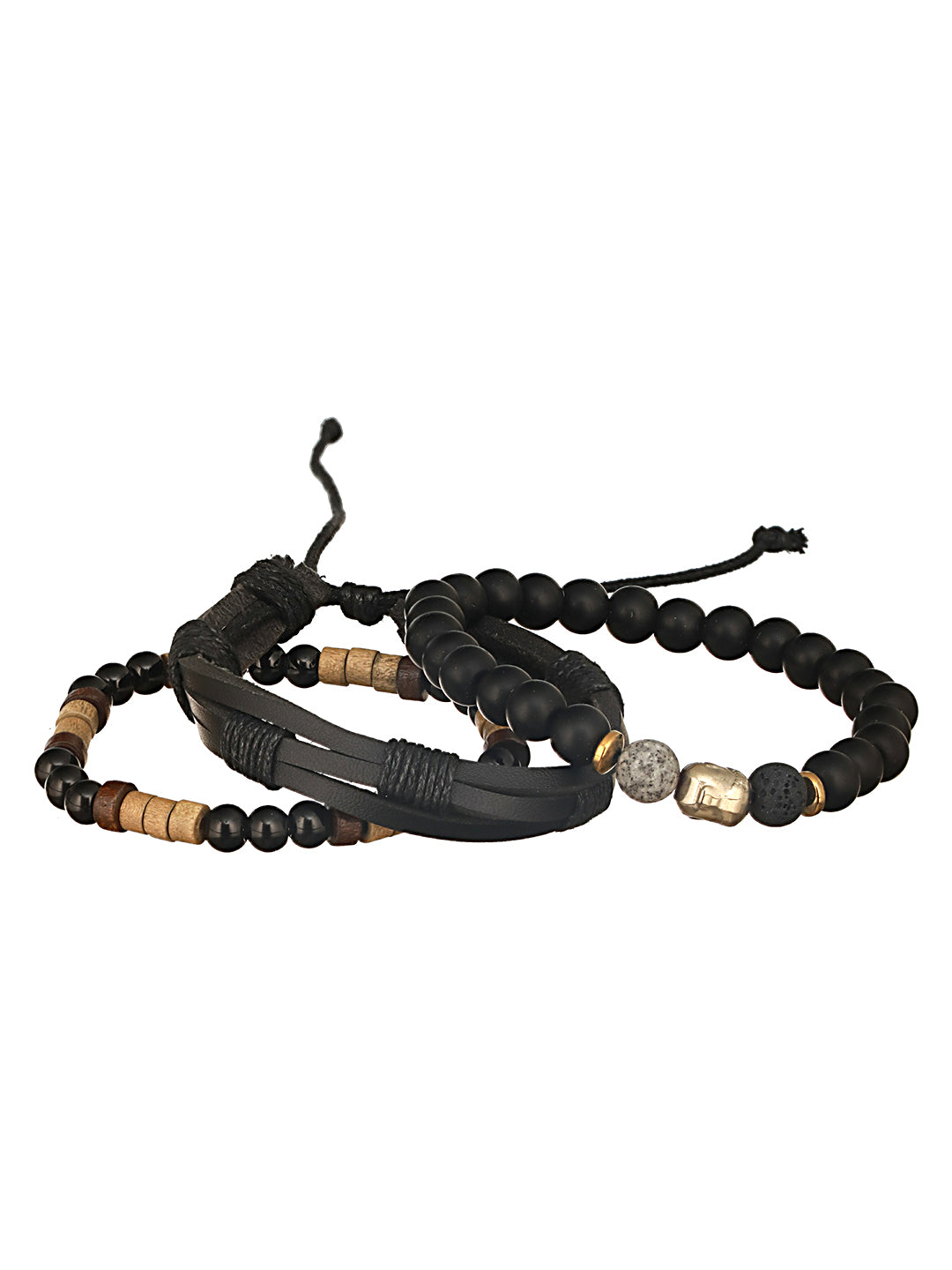 Jazz And Sizzle Men Set of 3 Black Beaded Elasticated & Leather Wraparound Bracelet
