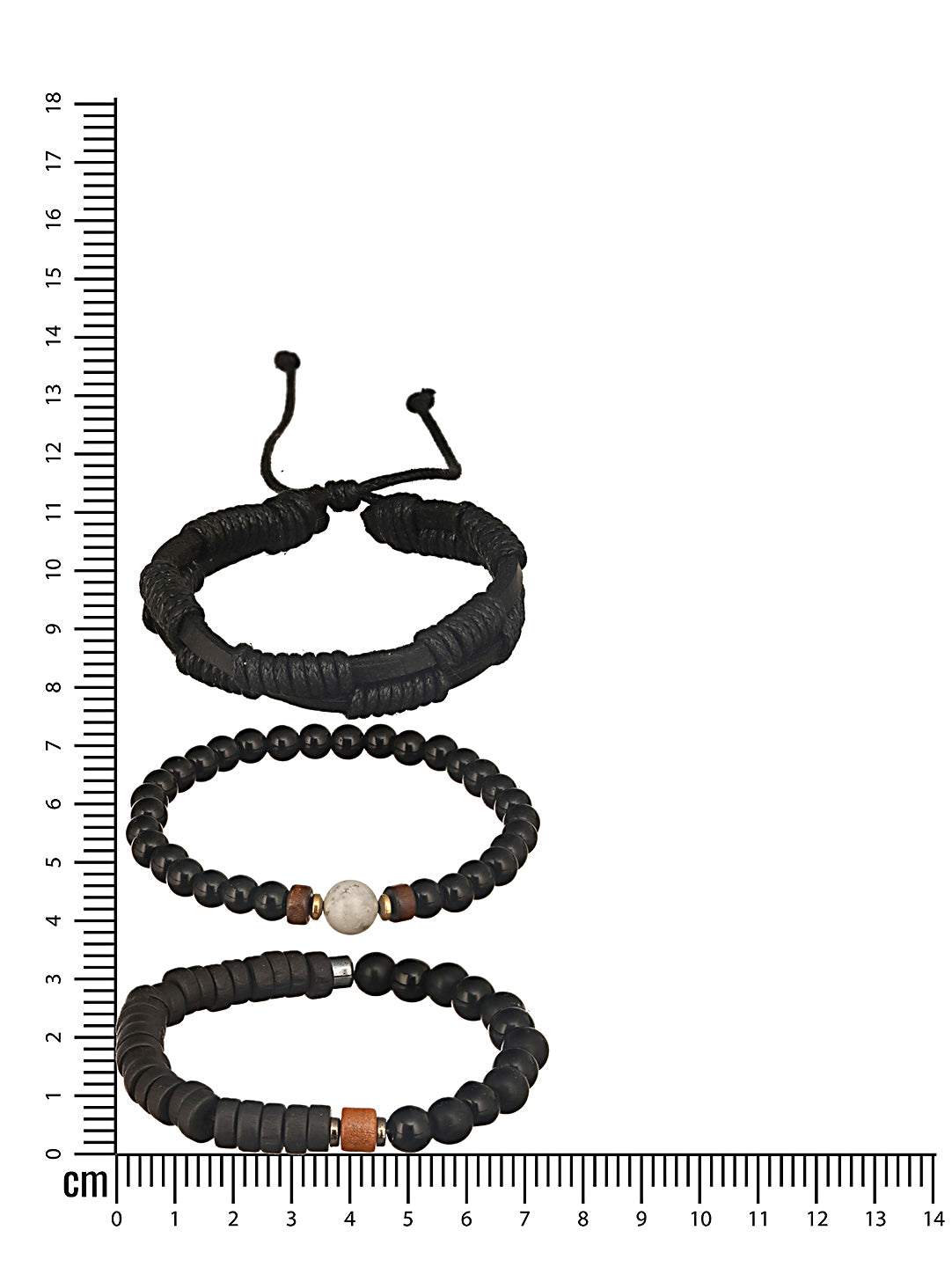 Jazz And Sizzle Men Set of 3 Black Beaded Elasticated & Leather Wraparound Bracelet