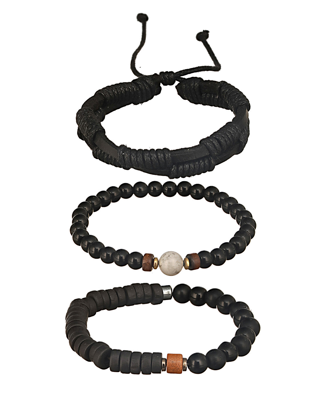 Jazz And Sizzle Men Set of 3 Black Beaded Elasticated & Leather Wraparound Bracelet