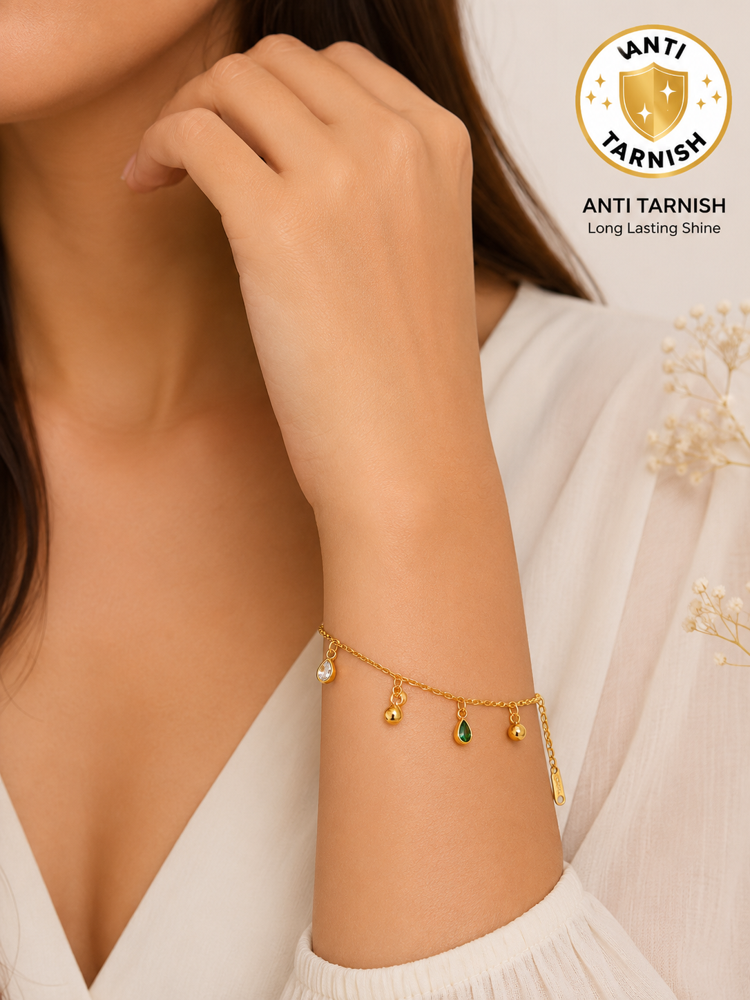 Anti Tarnish Gold-Plated Green Crystal Charm Bracelet for Women