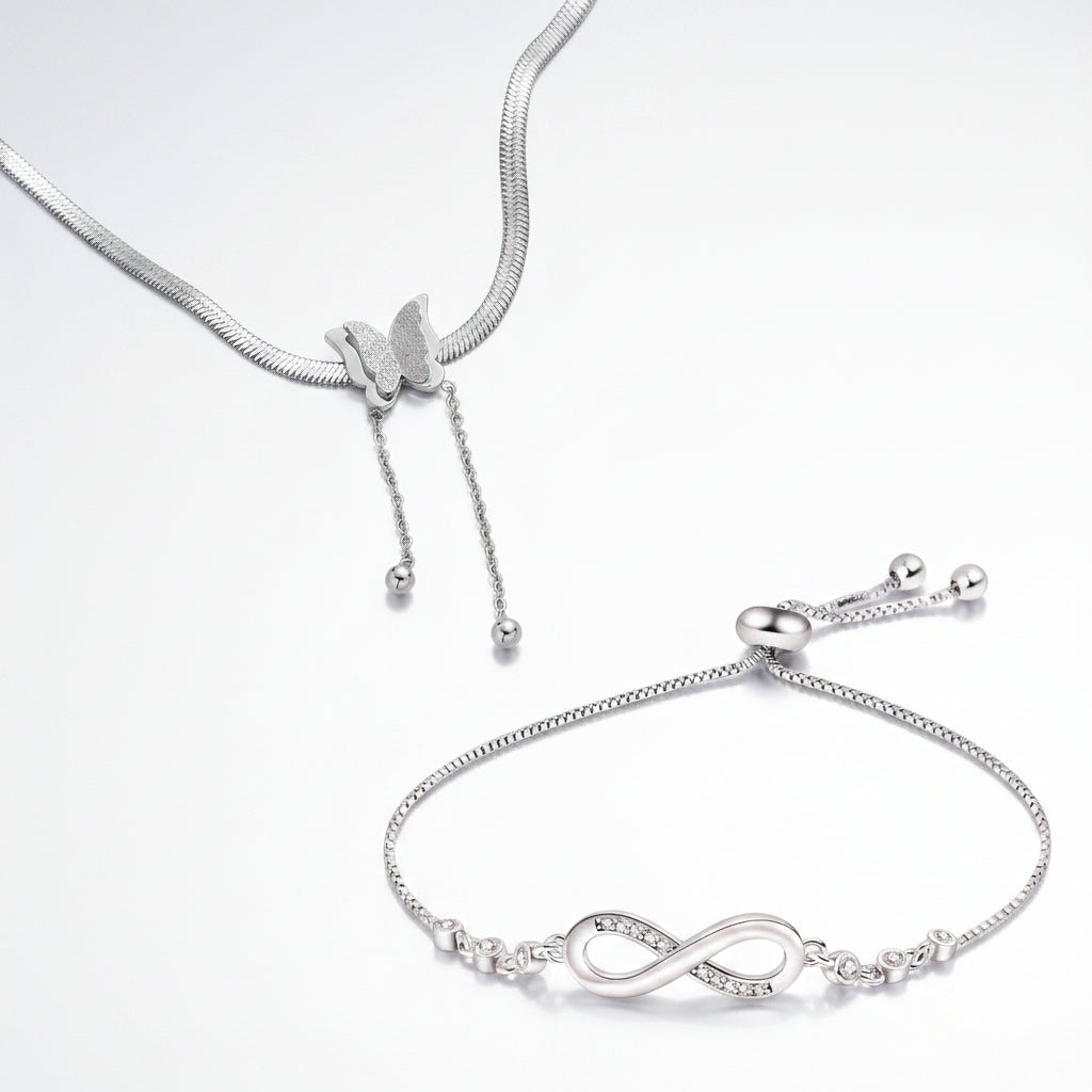 Jazz And Sizzle Combo Sterling Silver Butterfly Pendant And Infinity Bracelet