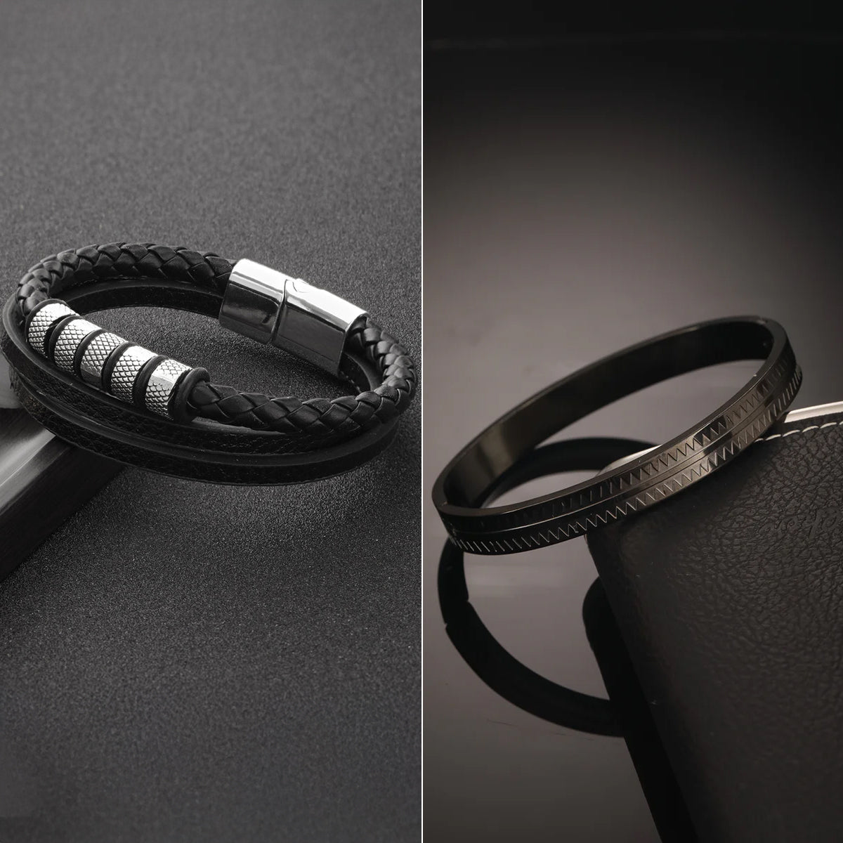 Men'S Men Leather Bracelet and Black Stainless Steel Kada Bracelet Combo