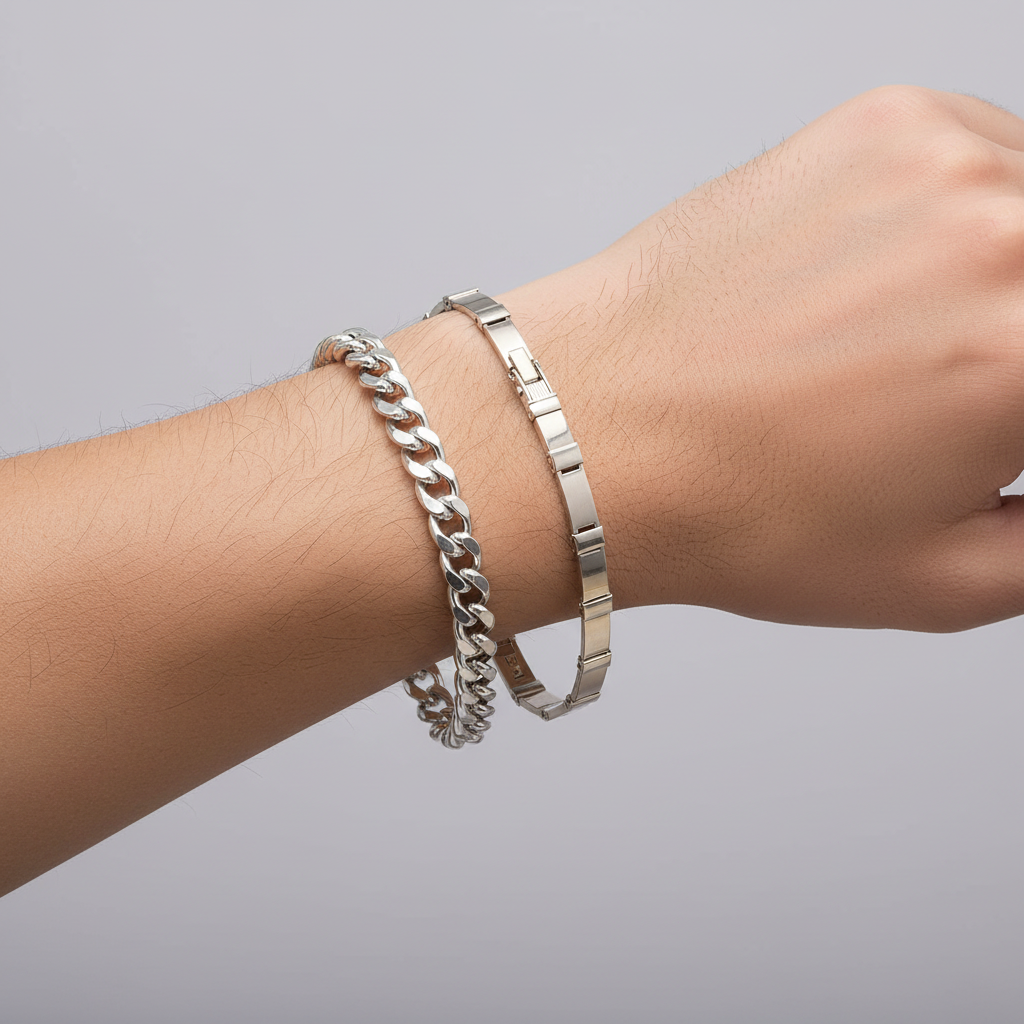 Jazz And Sizzle Set Of 2 Men's Silver Plated Link & Matt  Finished Bracelet Combo