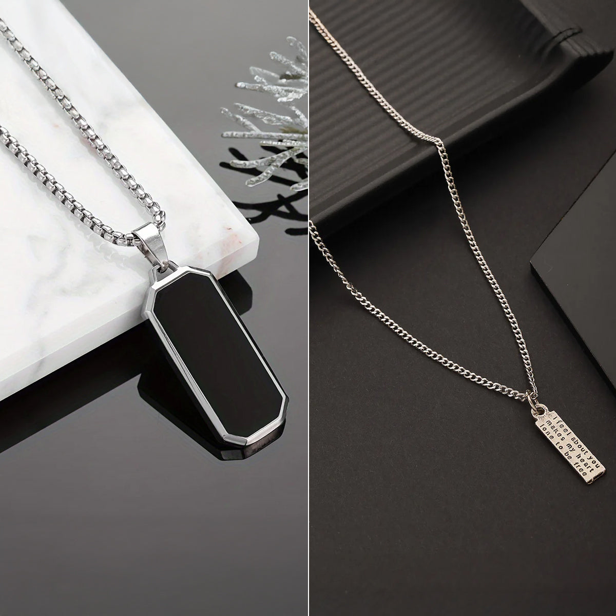 Men Silver-Plated Necklace and Black Inlay Stainless Steel Pendant Necklace Combo