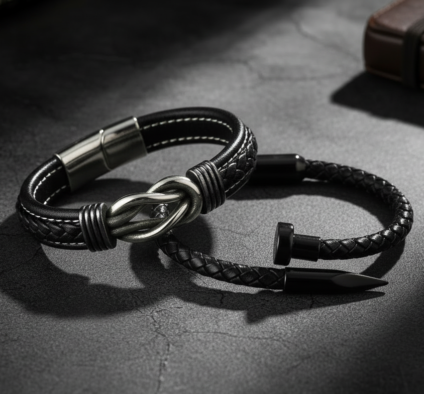 Jazz and Sizzle Men Black & Silver-Toned Oxidized Bangle-Style Bracelet and Black Leather Cuff Bracelet Combo