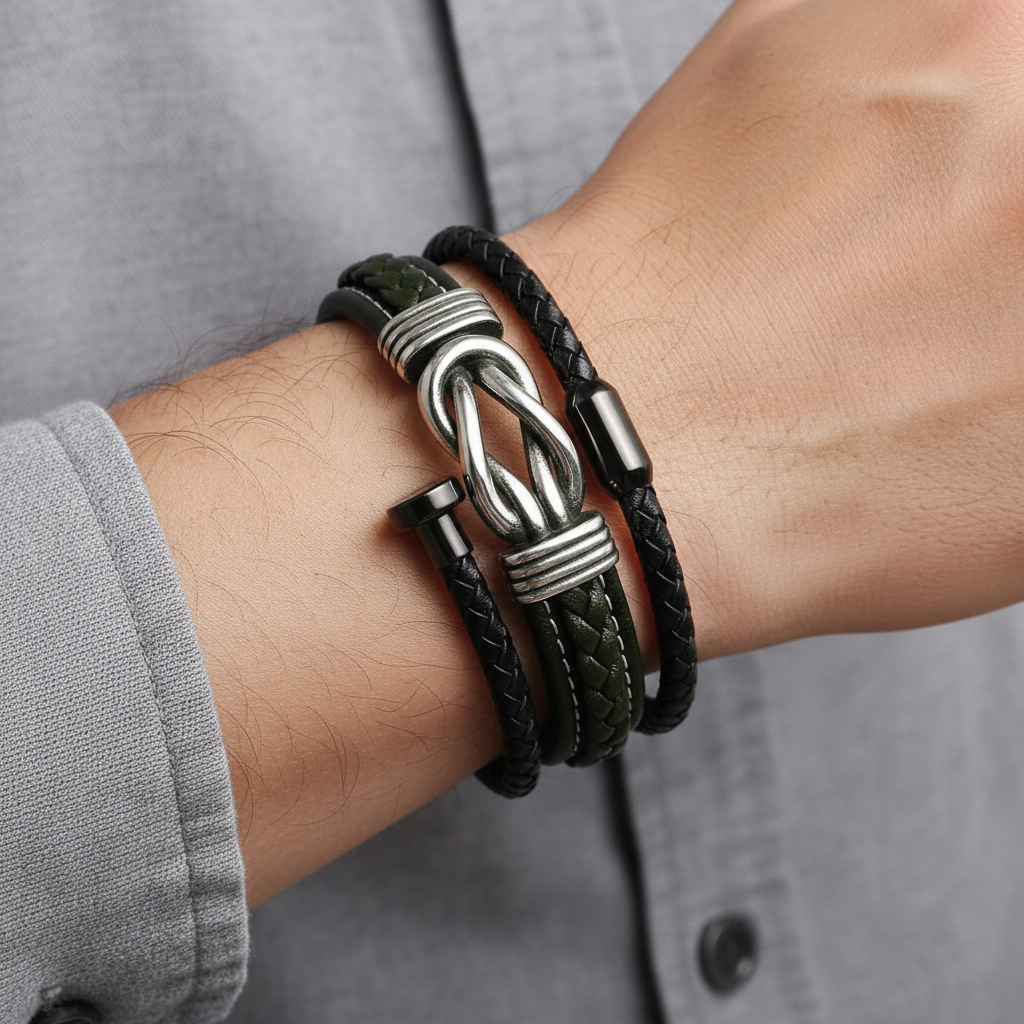 Jazz and Sizzle Men Black & Silver-Toned Oxidized Bangle-Style Bracelet and Black Leather Cuff Bracelet Combo