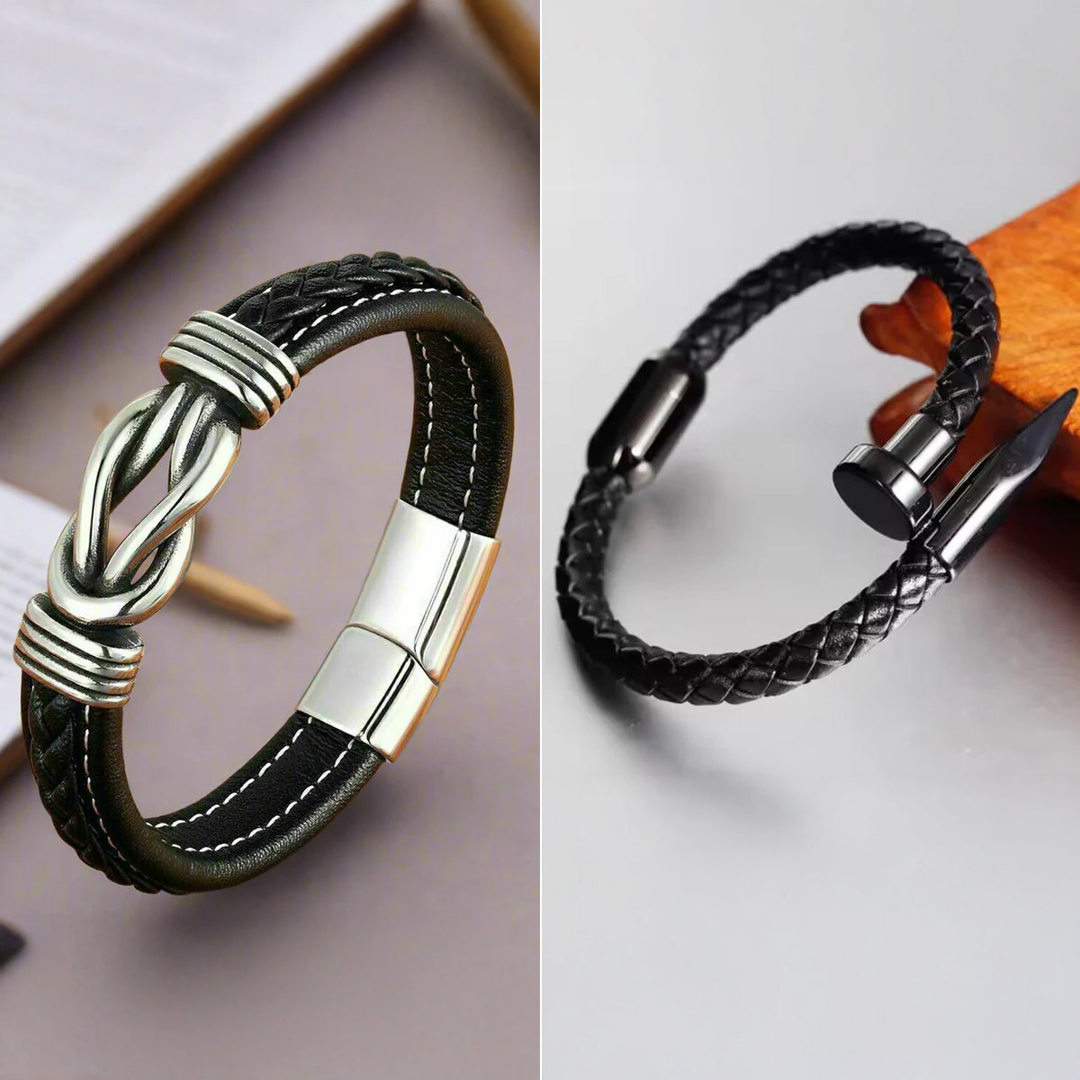 Jazz and Sizzle Men Black & Silver-Toned Oxidized Bangle-Style Bracelet and Black Leather Cuff Bracelet Combo