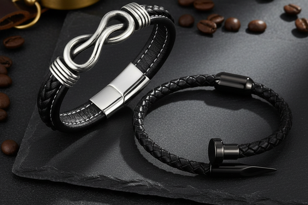Jazz and Sizzle Men Black & Silver-Toned Oxidized Bangle-Style Bracelet and Black Leather Cuff Bracelet Combo