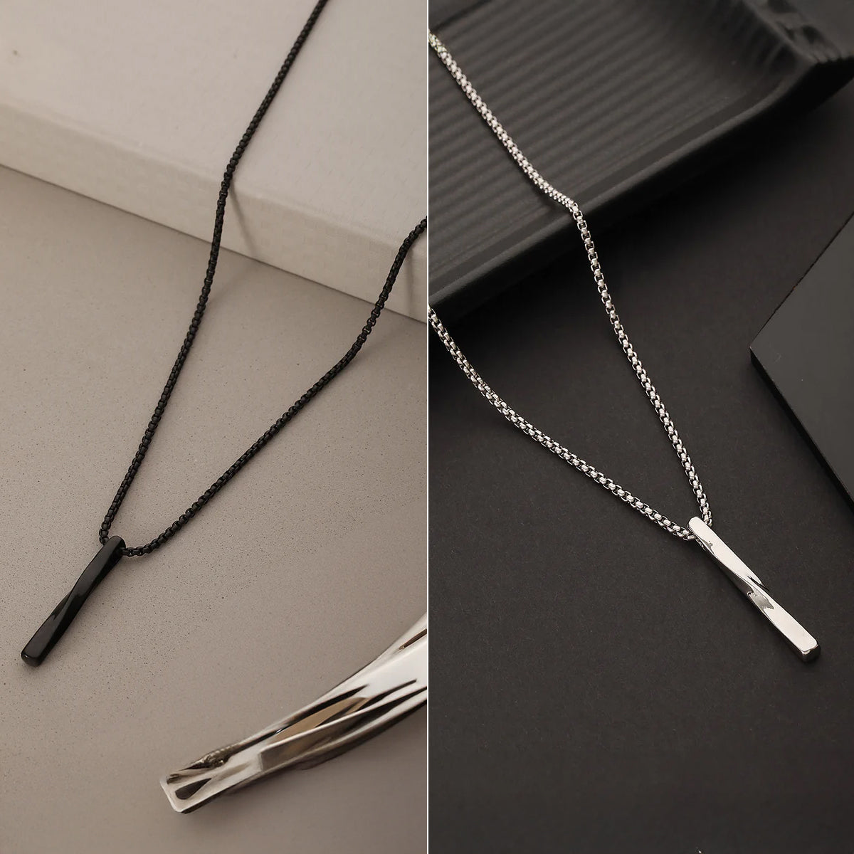 Twisted Cube Bar Pendant Necklace and Silver-Toned Silver-Plated Necklace Combo