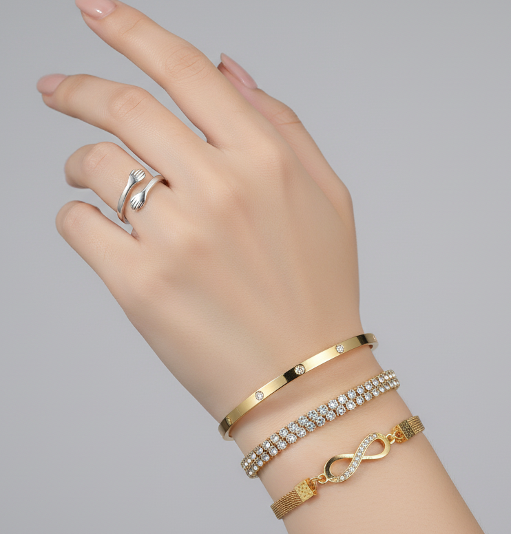 Hug Rings Cuff Wrap Around Hand Love and Gold Plated CZ Studded Infinity & Heart Shaped Stacking Bracelet Combo for Women