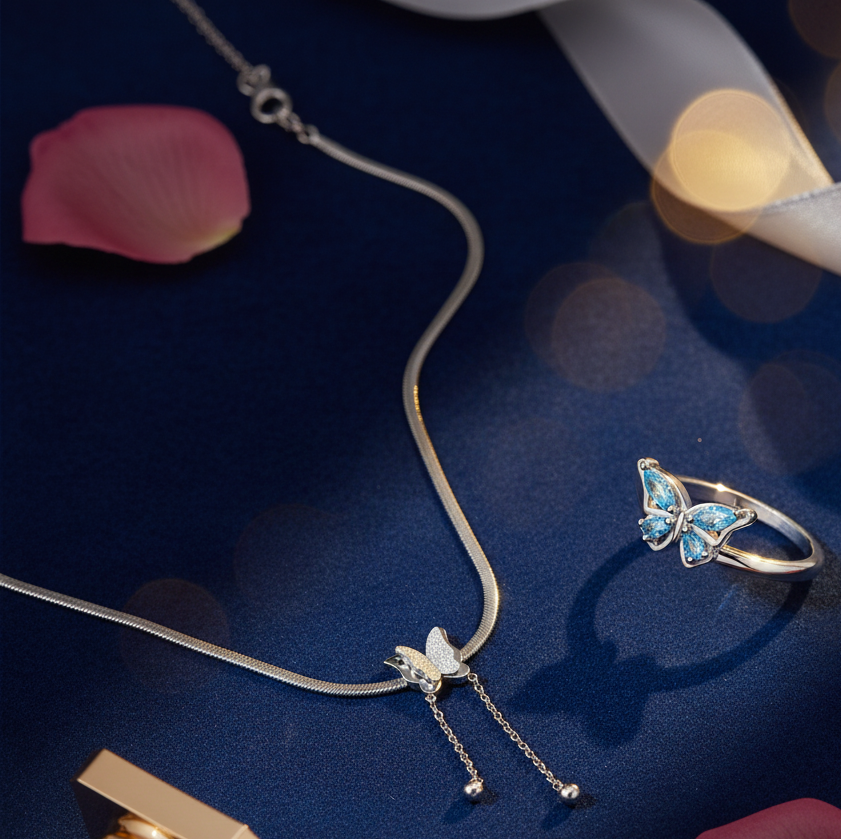 Silver Plated Blue Stone & Butterfly Shaped Ring and Butterfly Chain Necklace for Women Combo