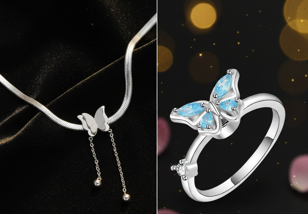 Silver Plated Blue Stone & Butterfly Shaped Ring and Butterfly Chain Necklace for Women Combo
