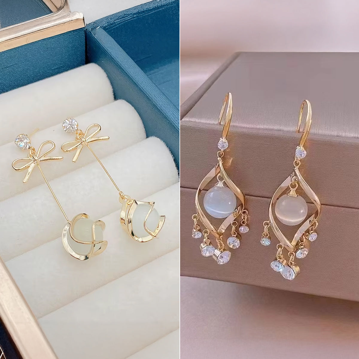 Bow Knot Long Drop Earrings with White Flower Pearl Charm Combo For Women