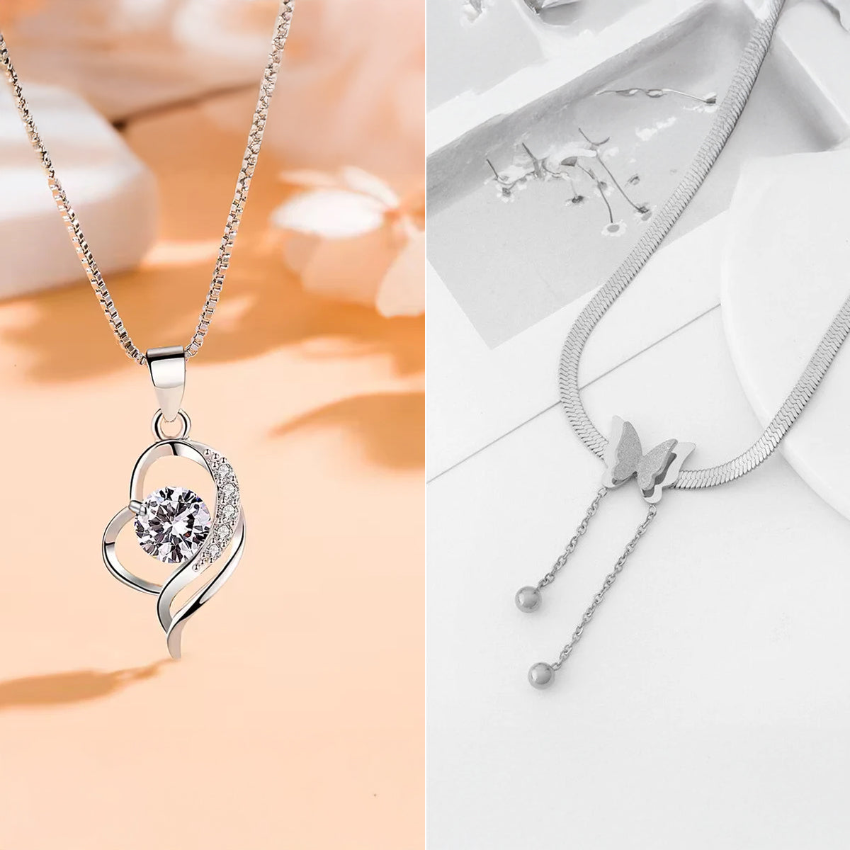 Silver-Plated Butterfly Chain Necklace and Sterling heart-shaped zircon pendant necklace for women Combo