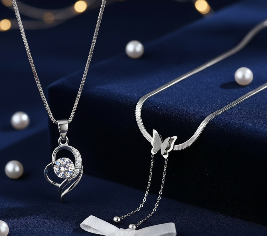 Jazz And Sizzle Set Of 2 Silver-Plated Butterfly Necklace &amp; Heart-Shaped Zircon Pendant Necklace for Women