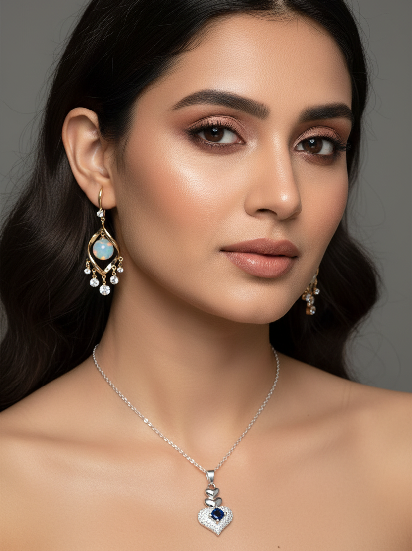Sterling Romantic Heart Pendant Necklace and Stylish Gold Bow Stud Long Chain Earrings with White Flower Drop For Women