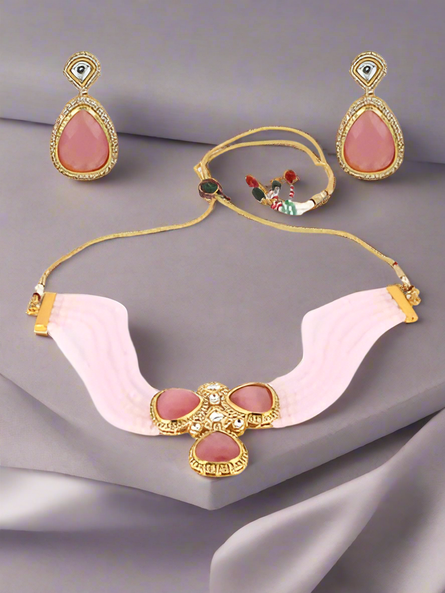 Jazz And Sizzle Gold Plated Peach Stone Studded & Pink Pearls Beaded Layered Necklace Set