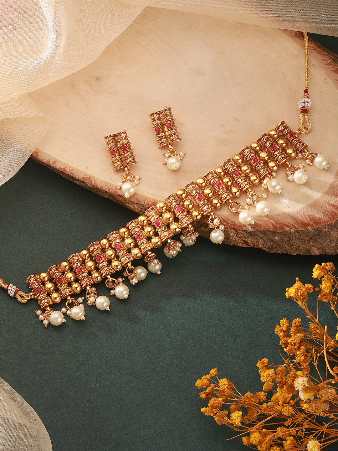 Jazz And Sizzle Gold-Plated Stone -Studded & Pearl Beaded Necklace & Earrings Set