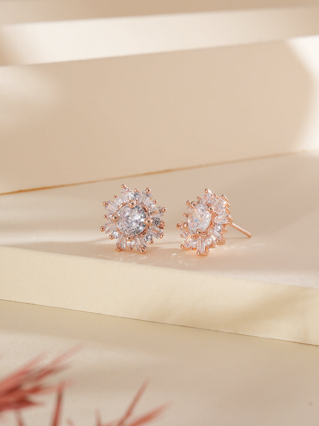 Jazz And Sizzle Rose Gold-Plated American Diamond Studded Floral Stud Earrings