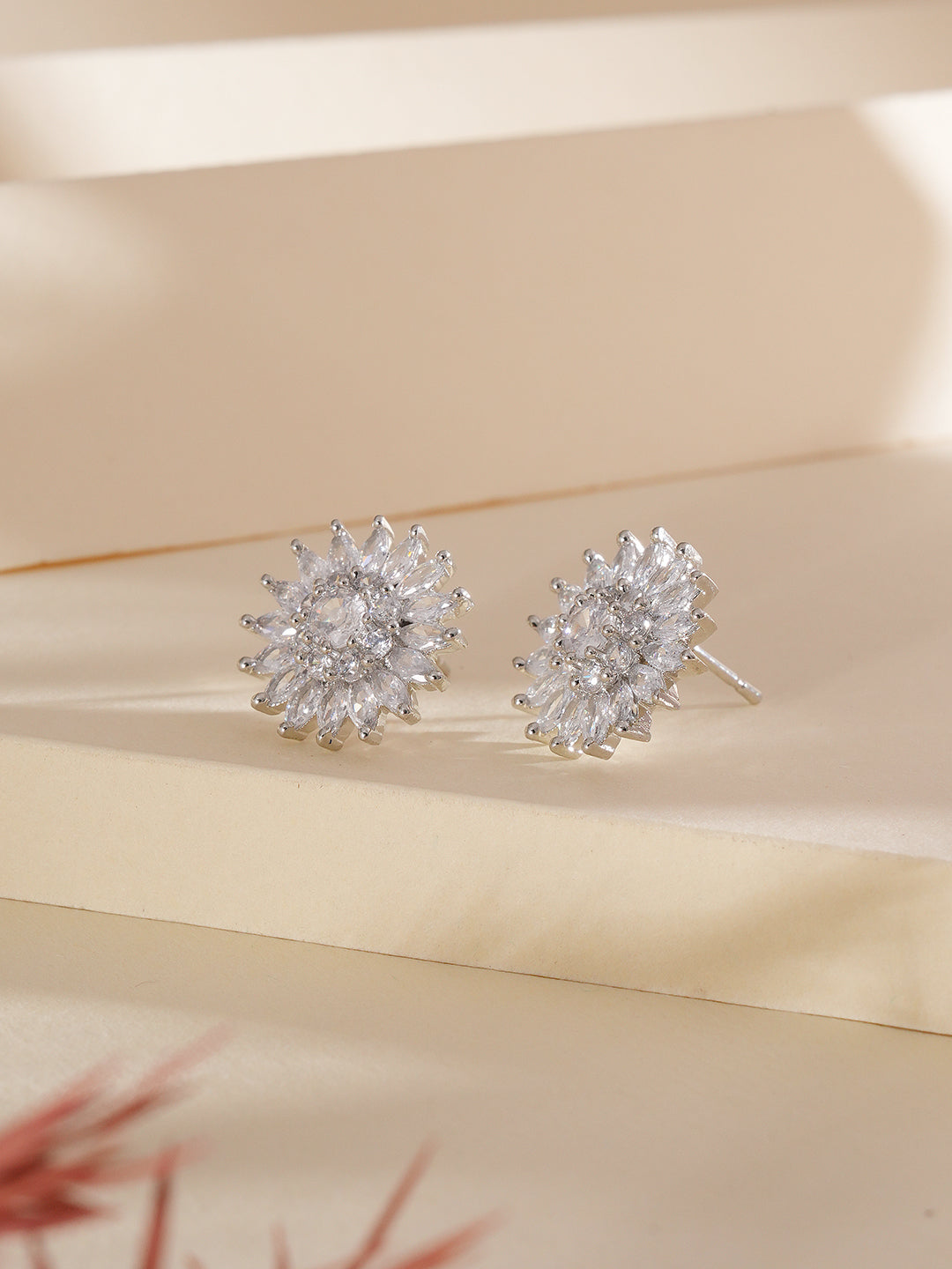 Jazz And Sizzle Rhodium-Plated CZ-Studded Floral Studs Earrings
