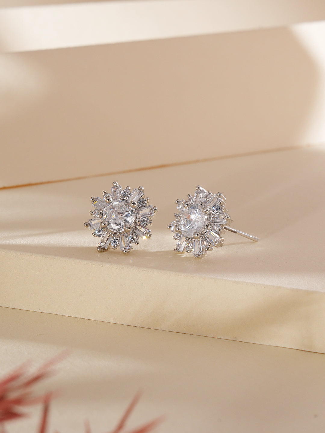 Jazz And Sizzle Silver-Plated American Diamond Studded Floral Stud Earrings