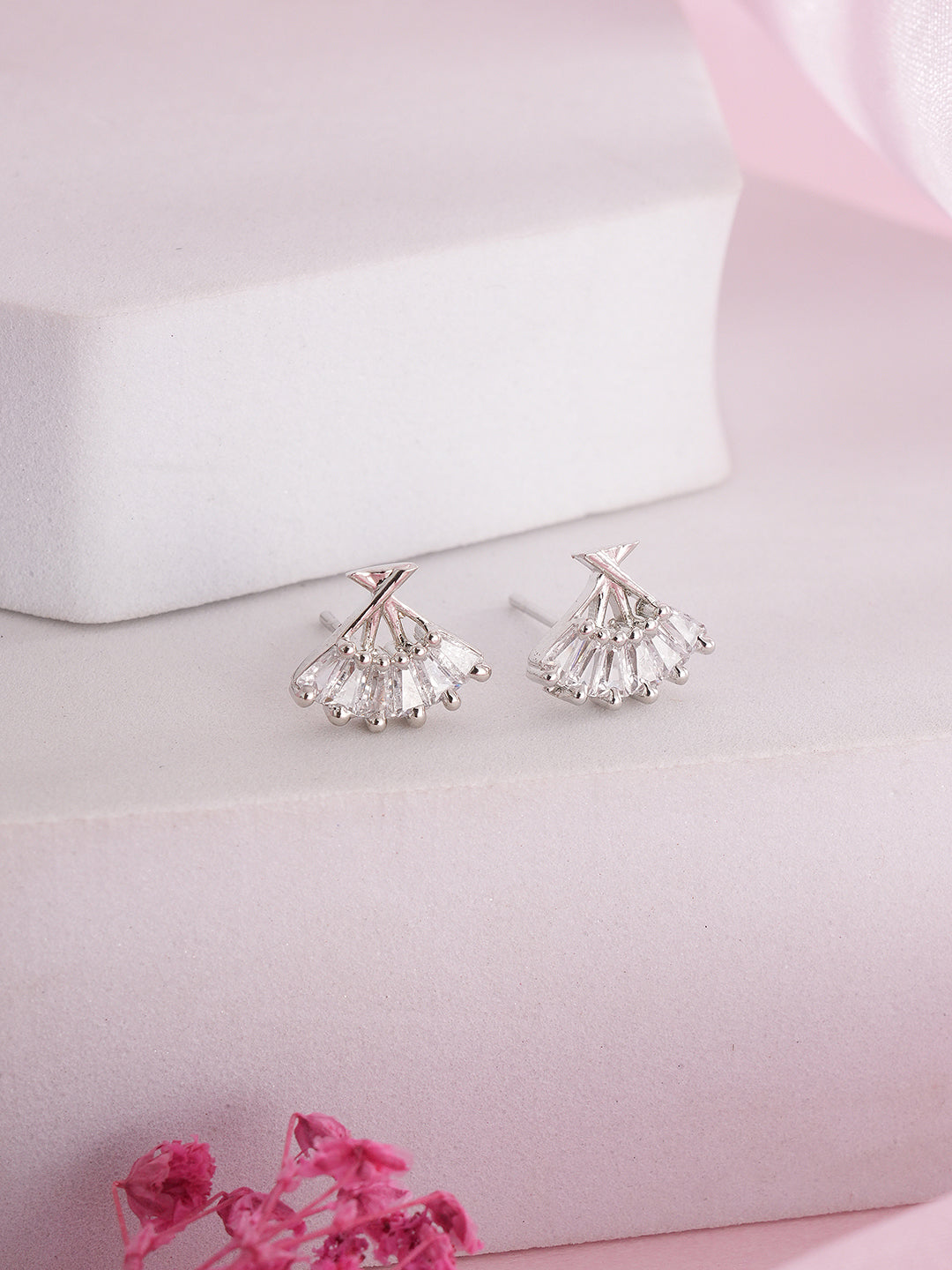 Jazz And Sizzle Silver-Toned Rhodium-Plated CZ-Studded Fan Shaped Stud Earrings