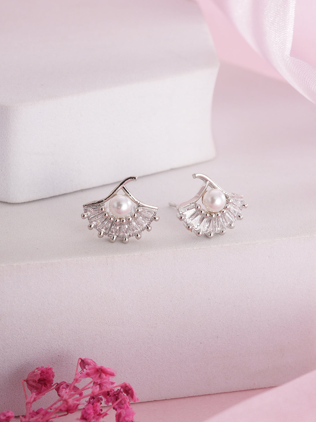 Jazz And Sizzle Rhodium-Plated Pearl Studded Contemporary Stud Earrings