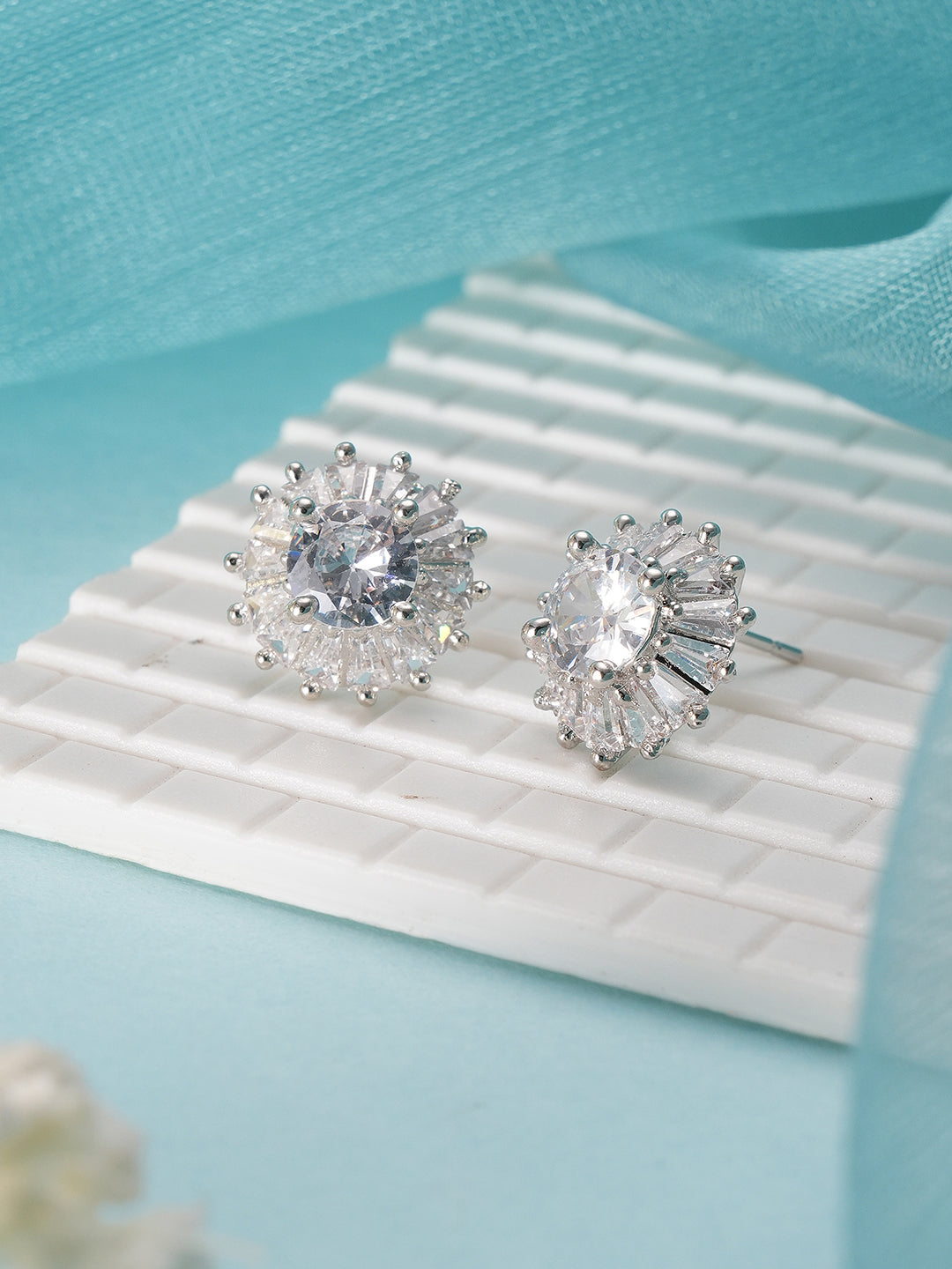 Jazz And Sizzle White AD-Studded Floral Studs Earrings