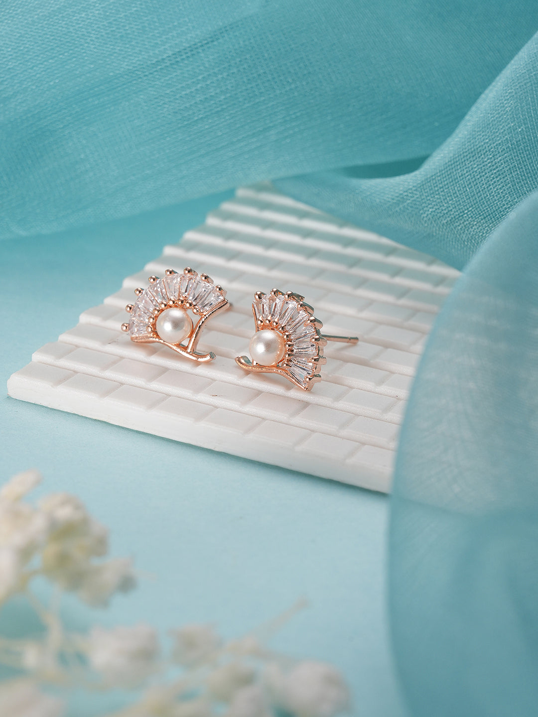 Jazz And Sizzle Rose Gold-Plated Pearl Studded Floral Stud Earrings