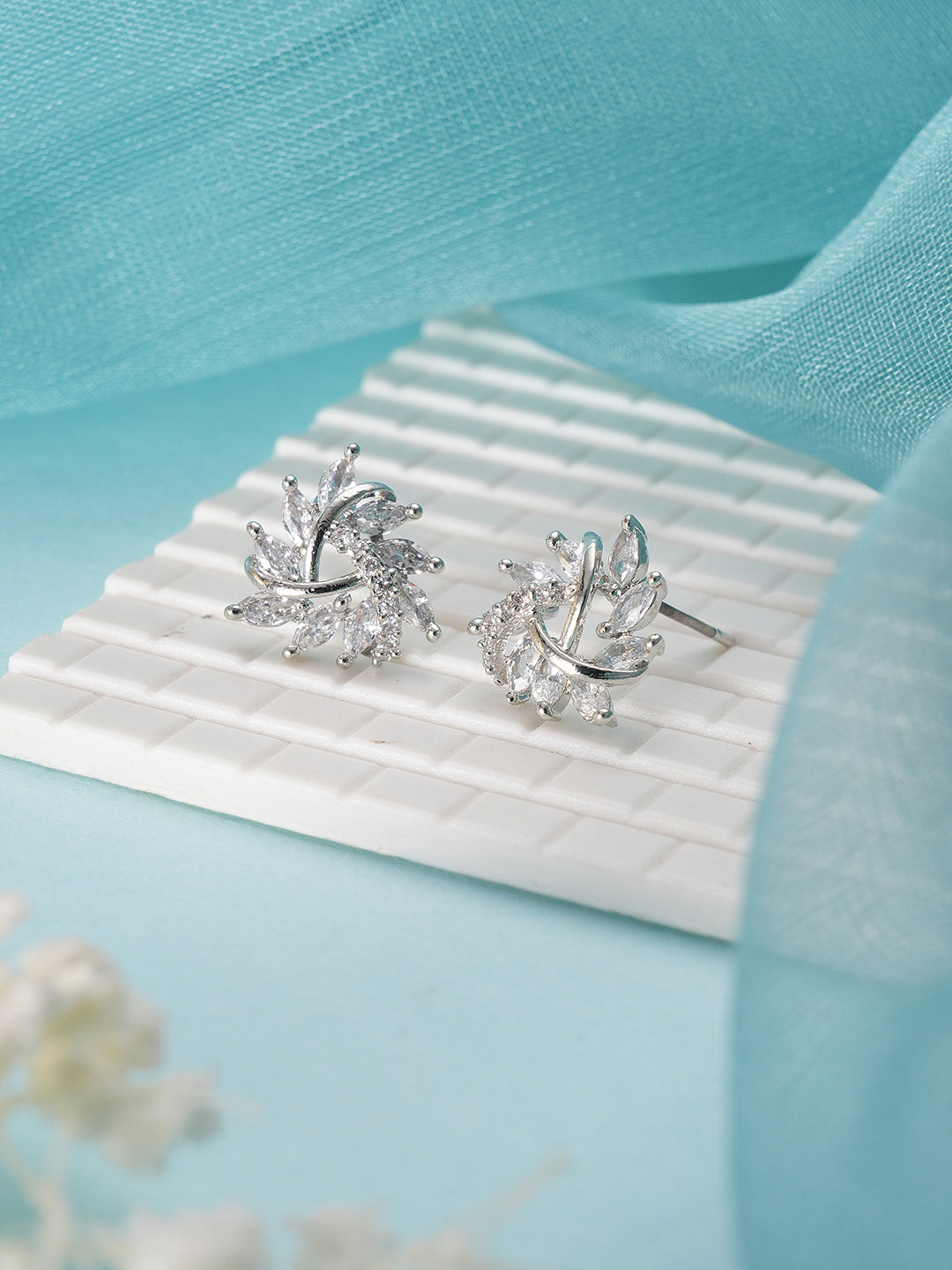 Jazz And Sizzle Rhodium-Plated CZ Studded Triangular Floral Studs Earrings