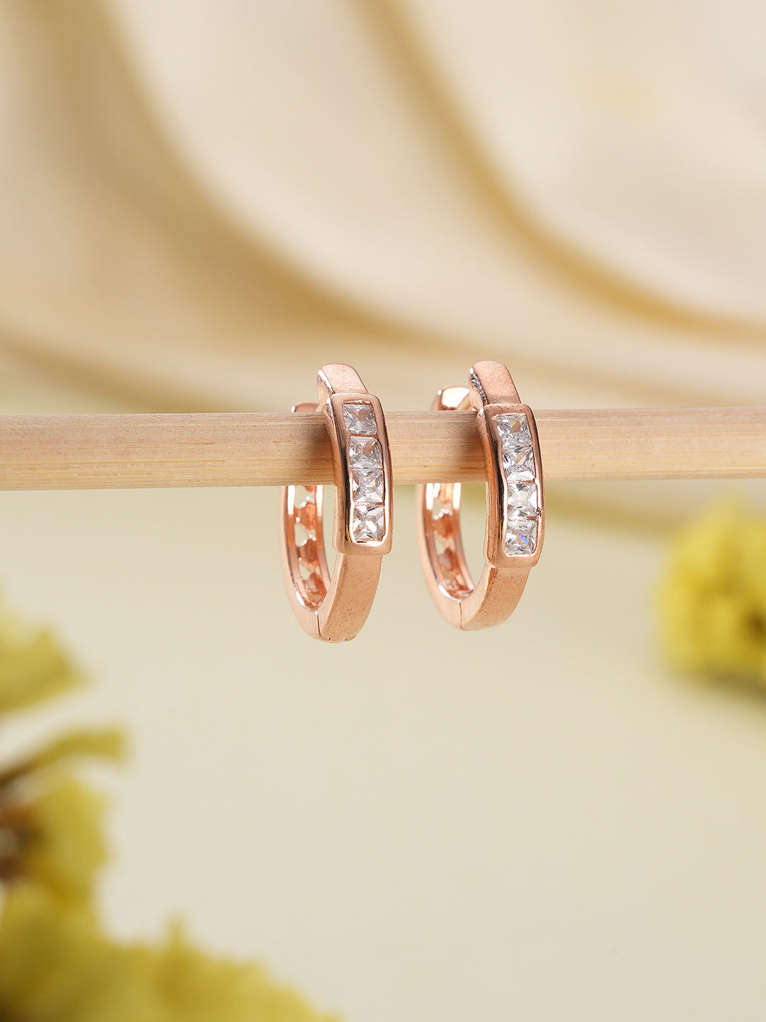 Jazz And Sizzle Rose Gold Crystals Studded Rose Gold-Plated Contemporary Hoop Earrings