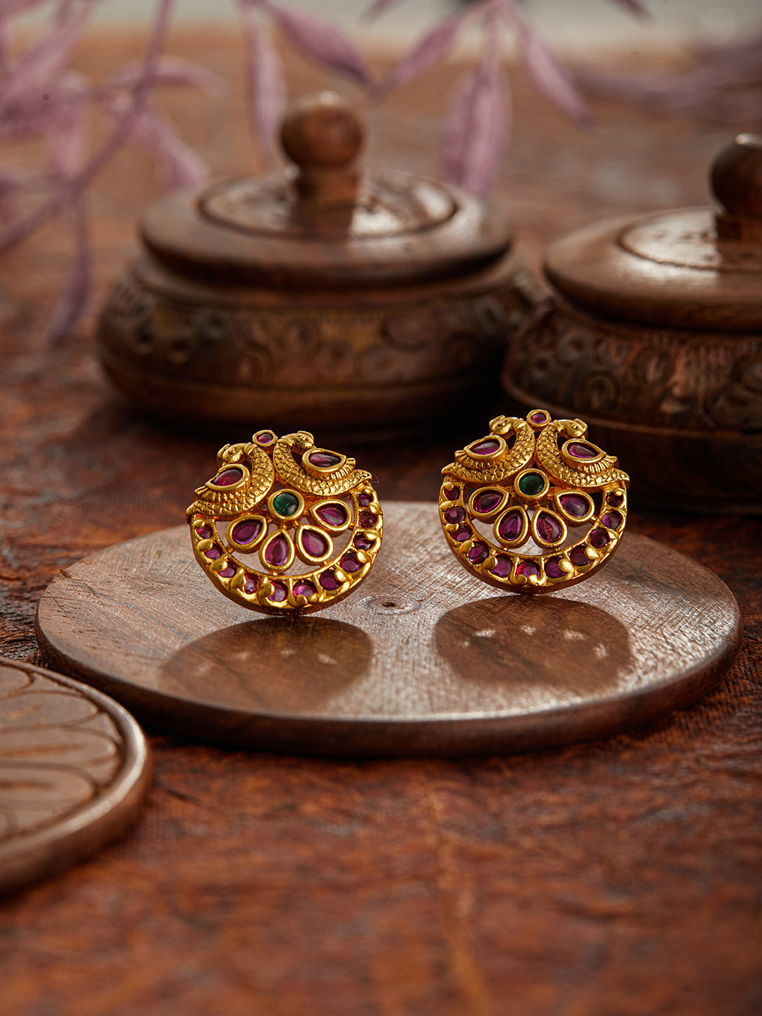 Jazz And Sizzle 24CT Gold-Plated Ruby Stone & AD Studded Peacock Shaped Temple Stud Earrings