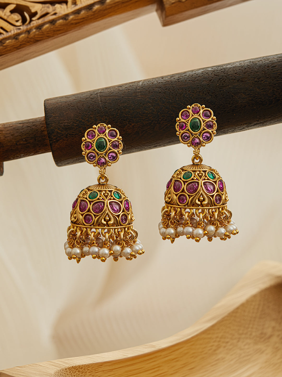 Jazz And Sizzle 24 CT Gold-Plated Ruby Stone Studded & Beaded Contemporary Dome Shaped Jhumkas Earrings