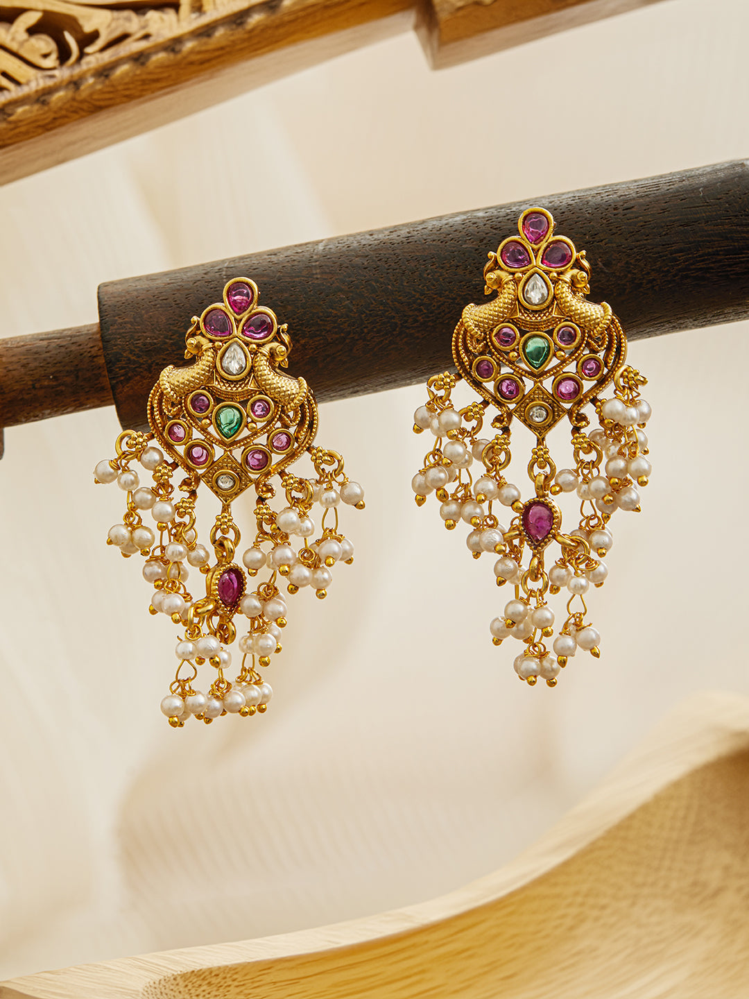 Jazz And Sizzle 22CT Gold-Plated AD Ruby Studded & Pearl Beaded Peacock Shaped Drop Earrings