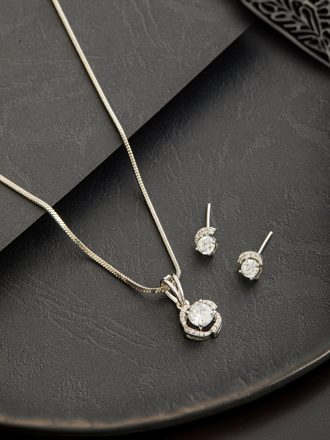 Jazz and Sizzle Rhodium-Plated AD Studded Pendant with Earrings and Chain