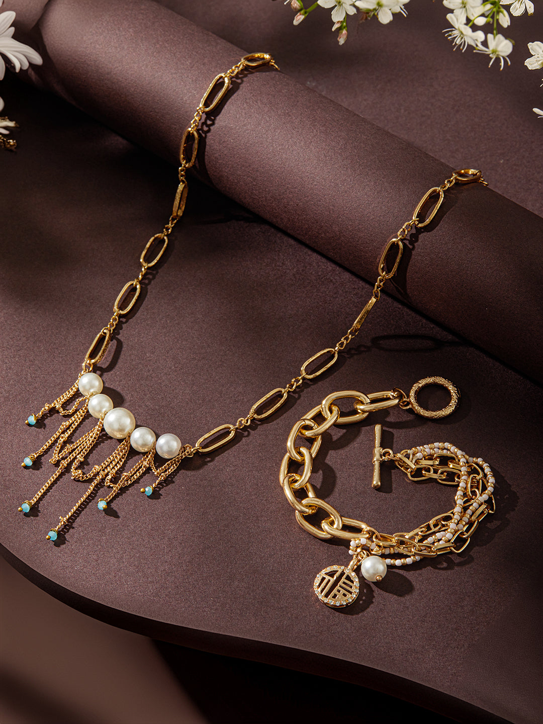 Jazz and Sizzle Gold-Plated Stones-Studded & Pearl Beaded Jewellery Set