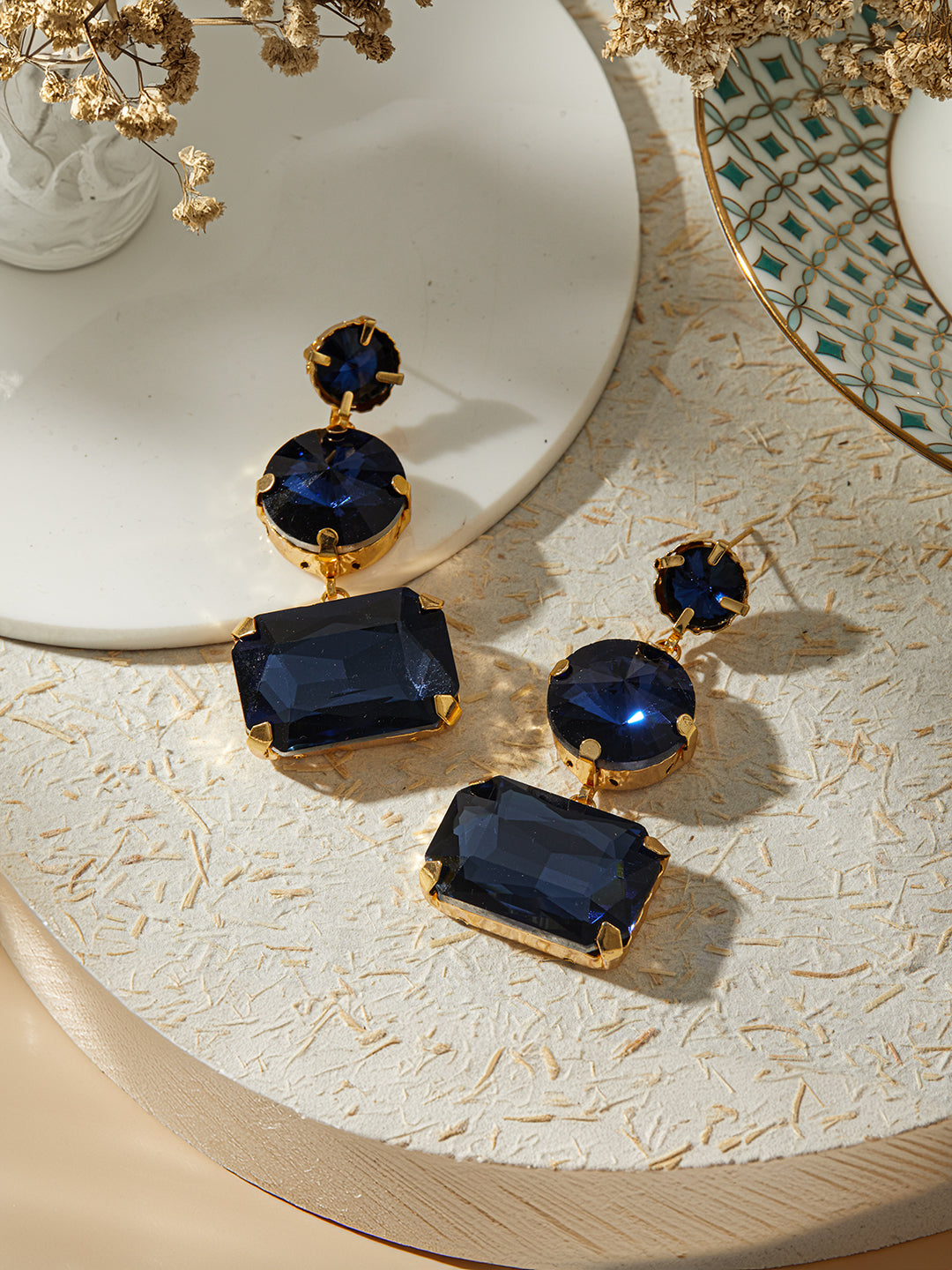 Jazz And Sizzle Gold Plated Contemporary Blue Stone Studded Drop Earrings