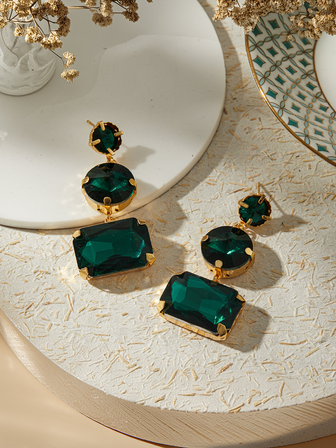 Jazz And Sizzle Gold Plated Contemporary Stone Green Studded Drop Earrings